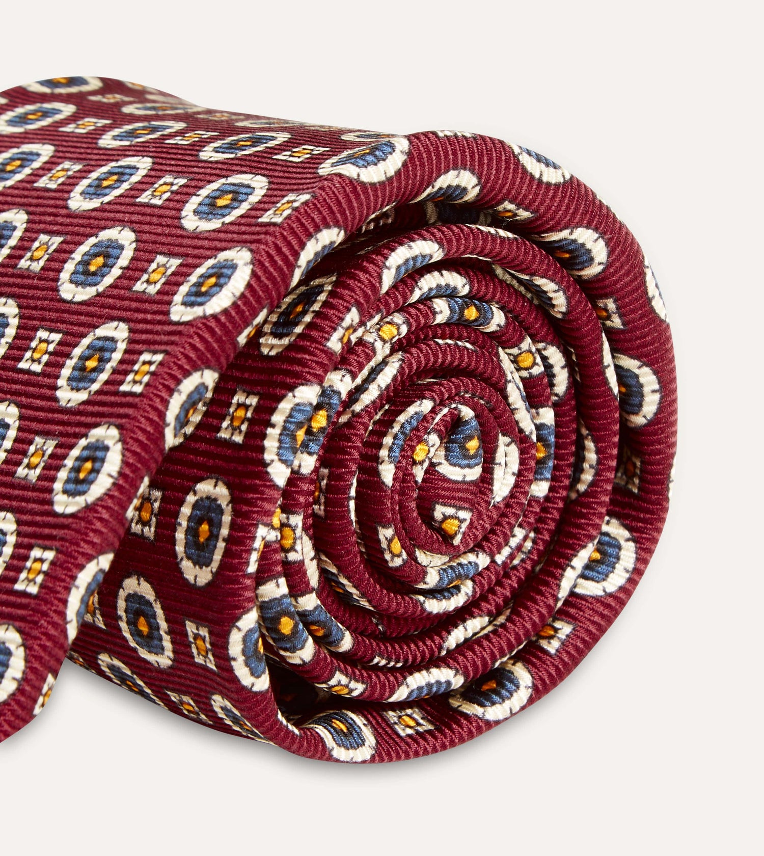Red and Blue Geometric Medallion Print Silk Foulard Tie
