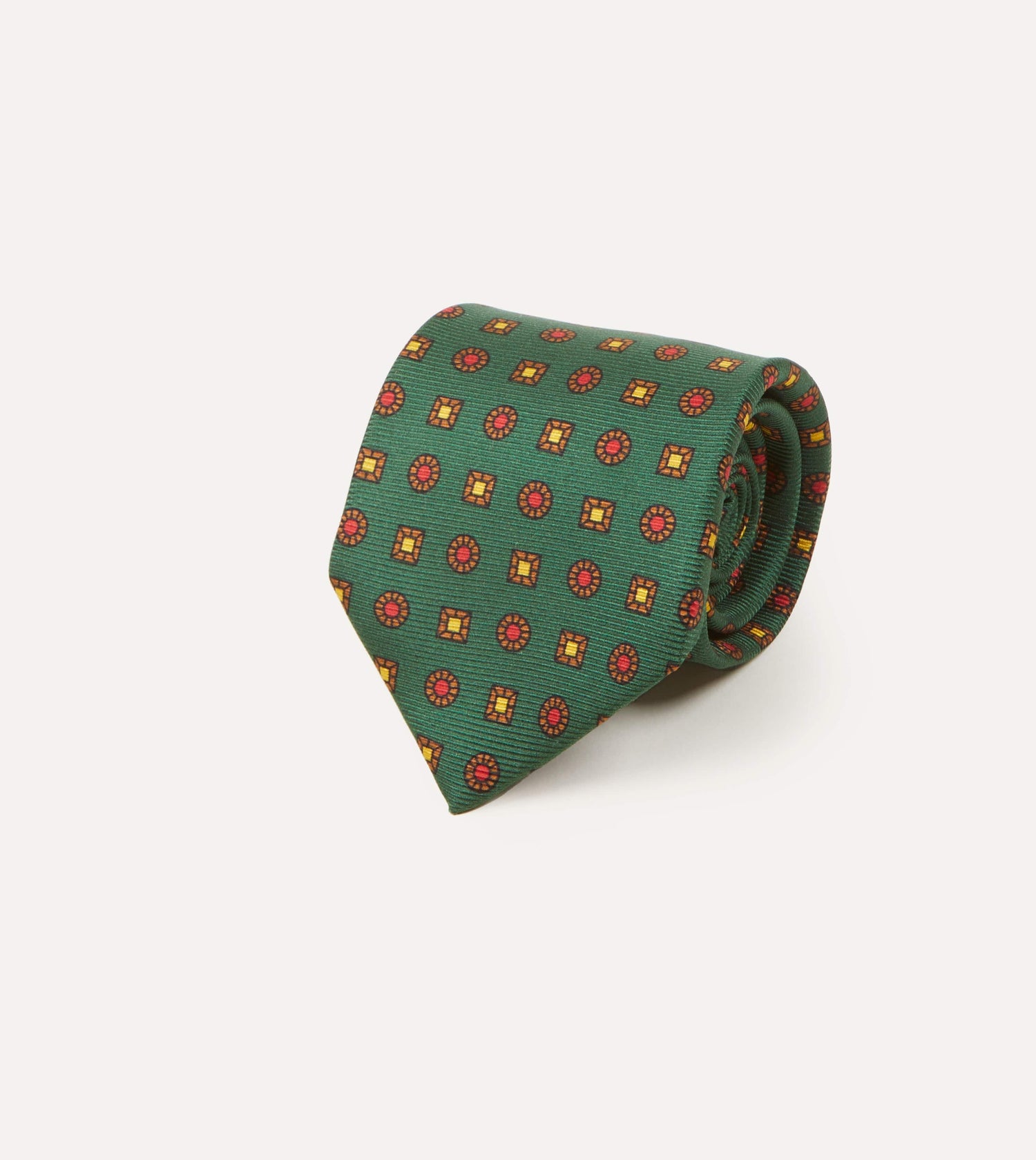 Green and Red Geometric Medallion Print Madder Twill Silk Tie