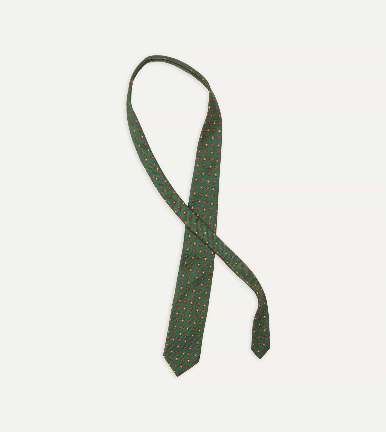 Green and Red Geometric Medallion Print Madder Twill Silk Tie