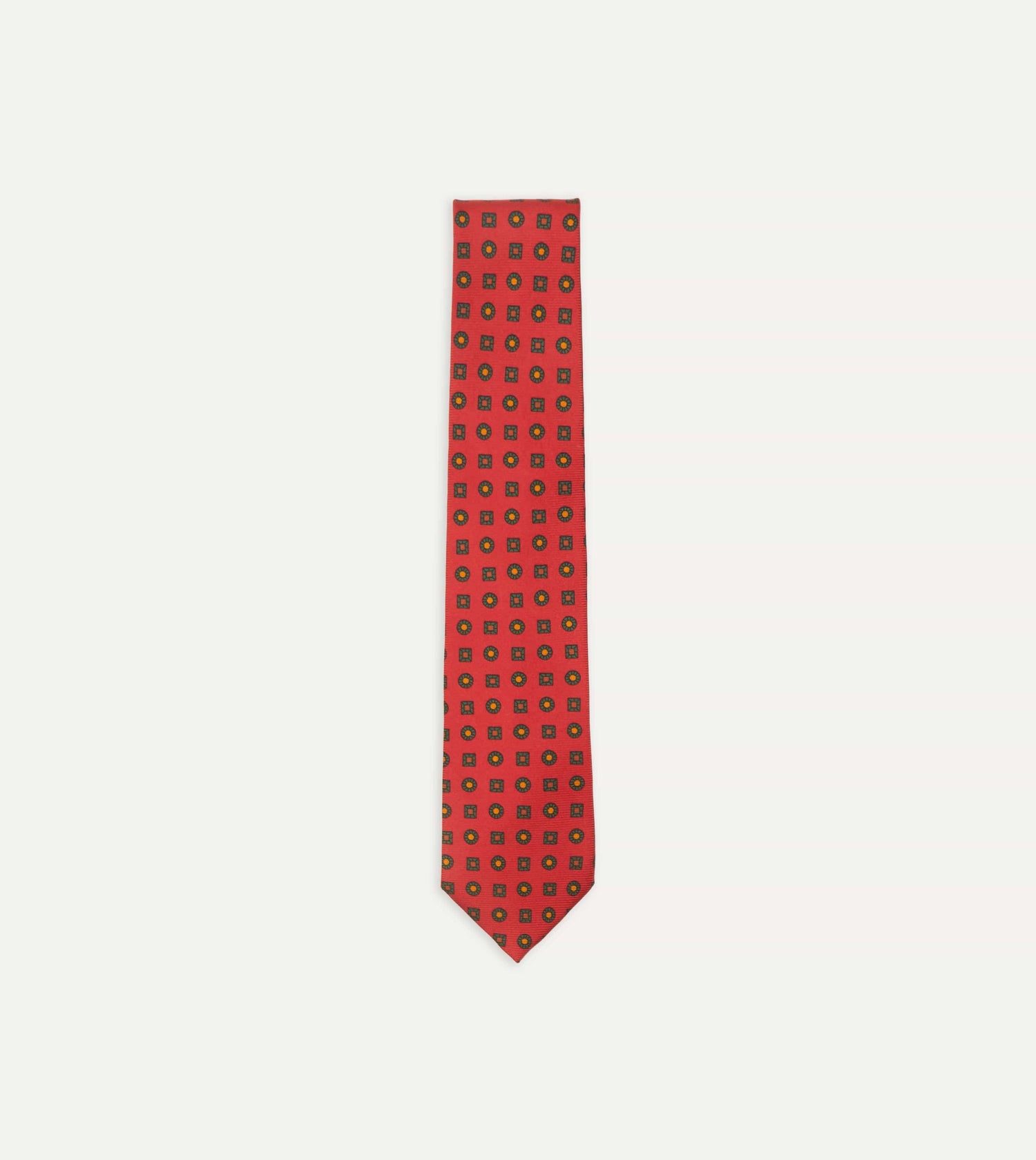 Red and Green Geometric Medallion Print Madder Twill Silk Tie