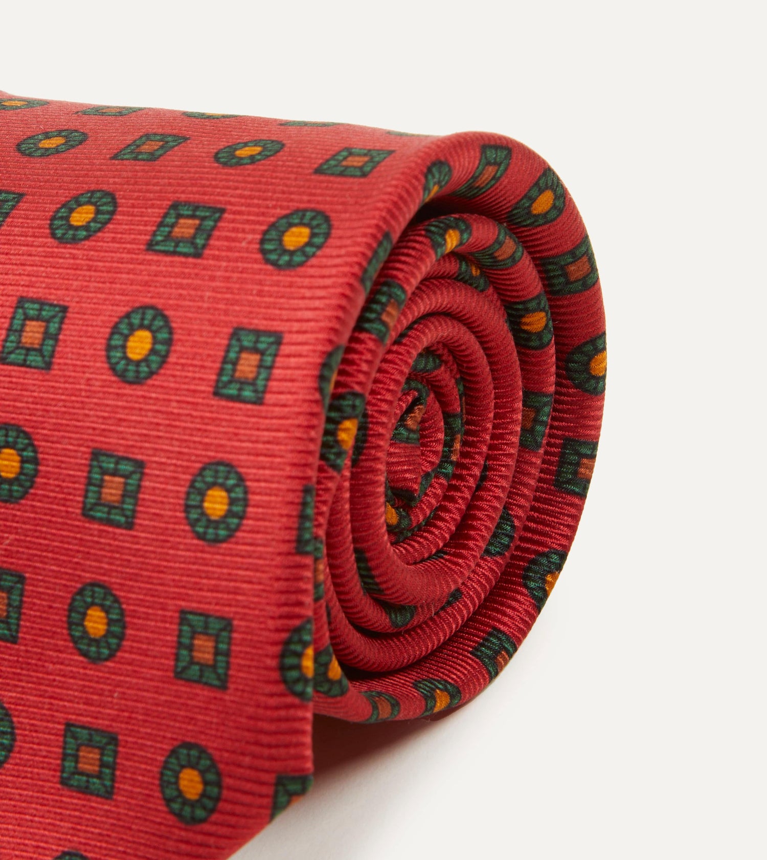 Red and Green Geometric Medallion Print Madder Twill Silk Tie