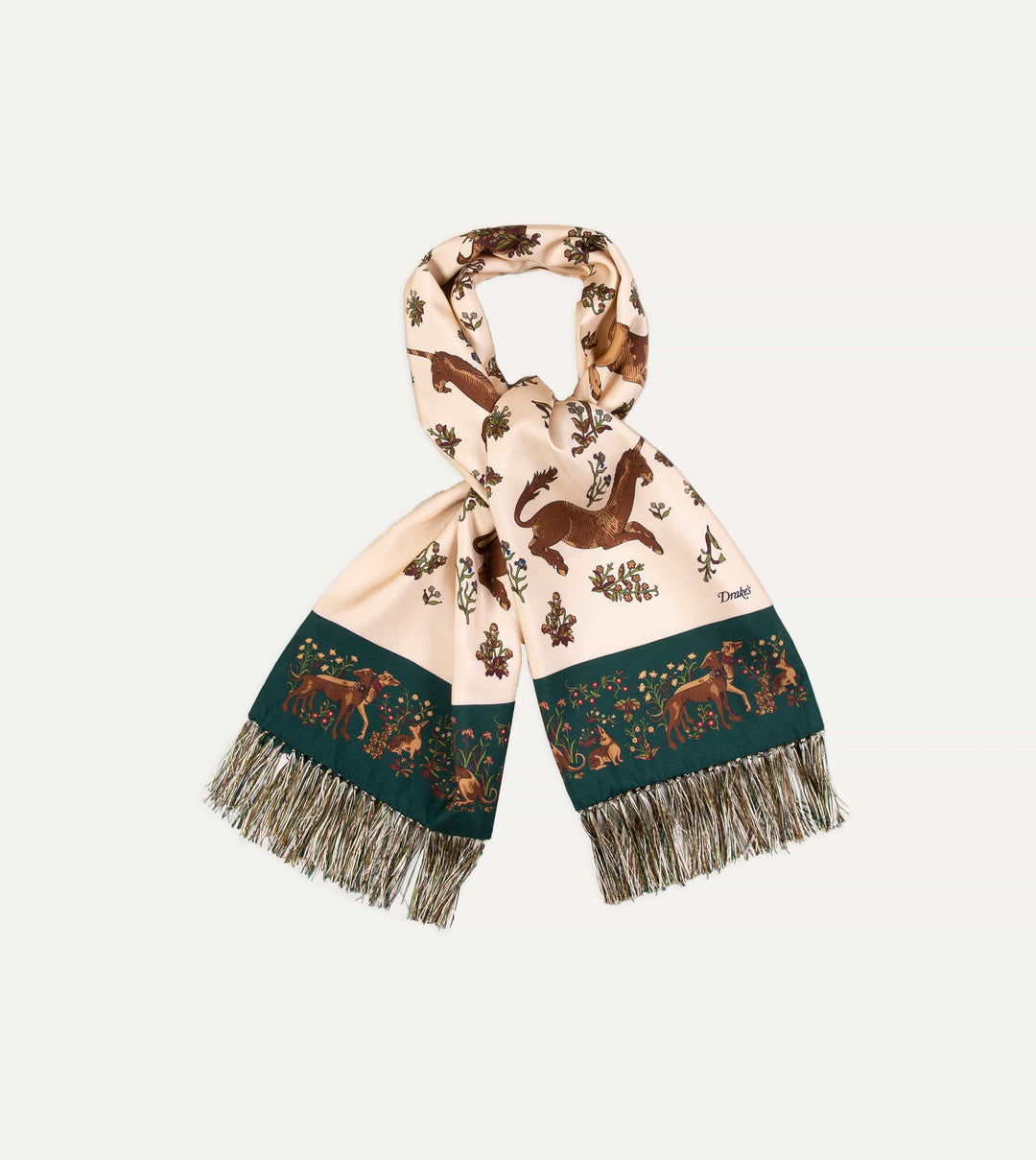 Ecru Unicorn Print Tubular Silk Tasselled Scarf – Drakes