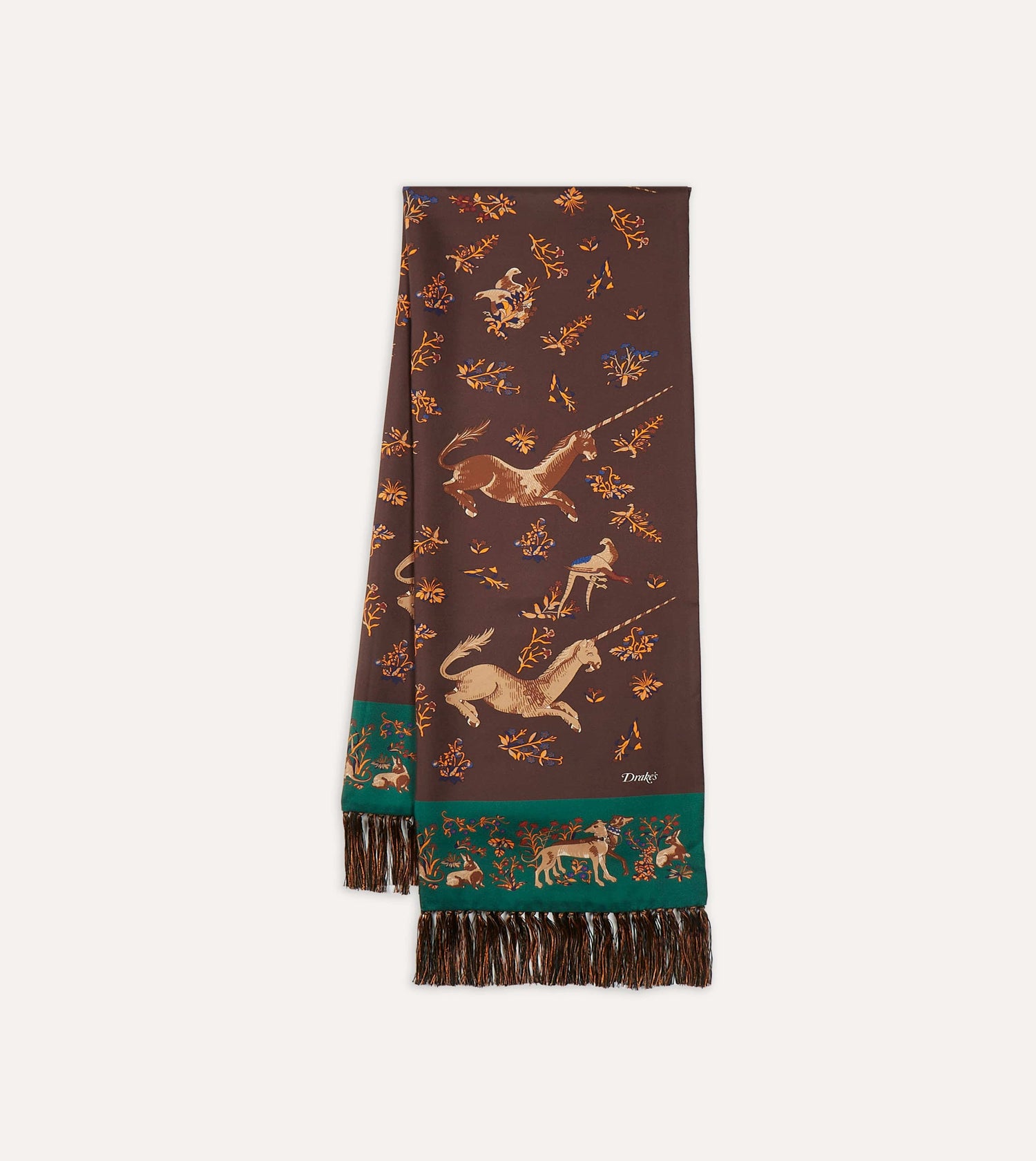 Brown Unicorn Print Tubular Silk Tasselled Scarf