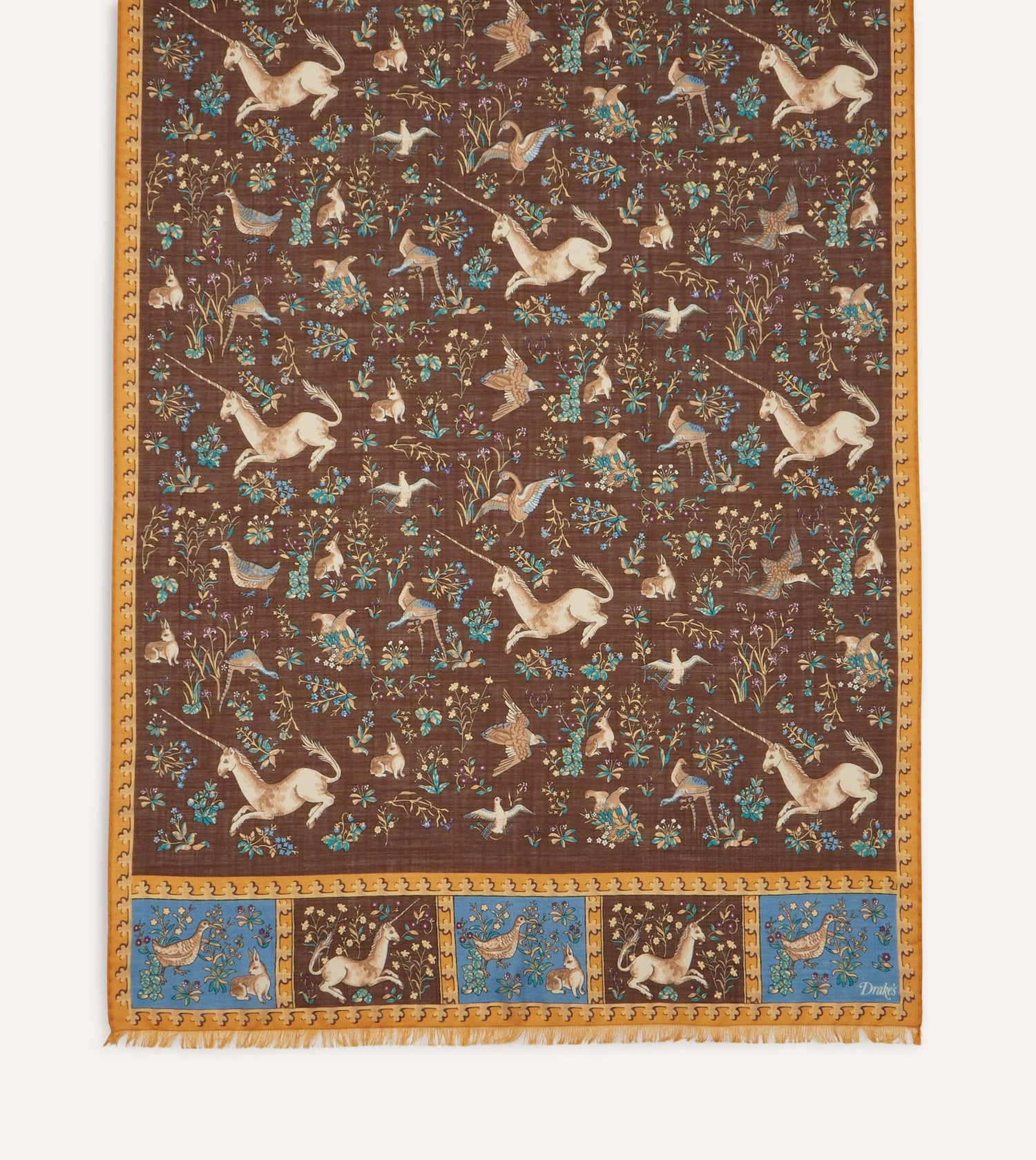 Brown Unicorn Print Wool-Silk Scarf