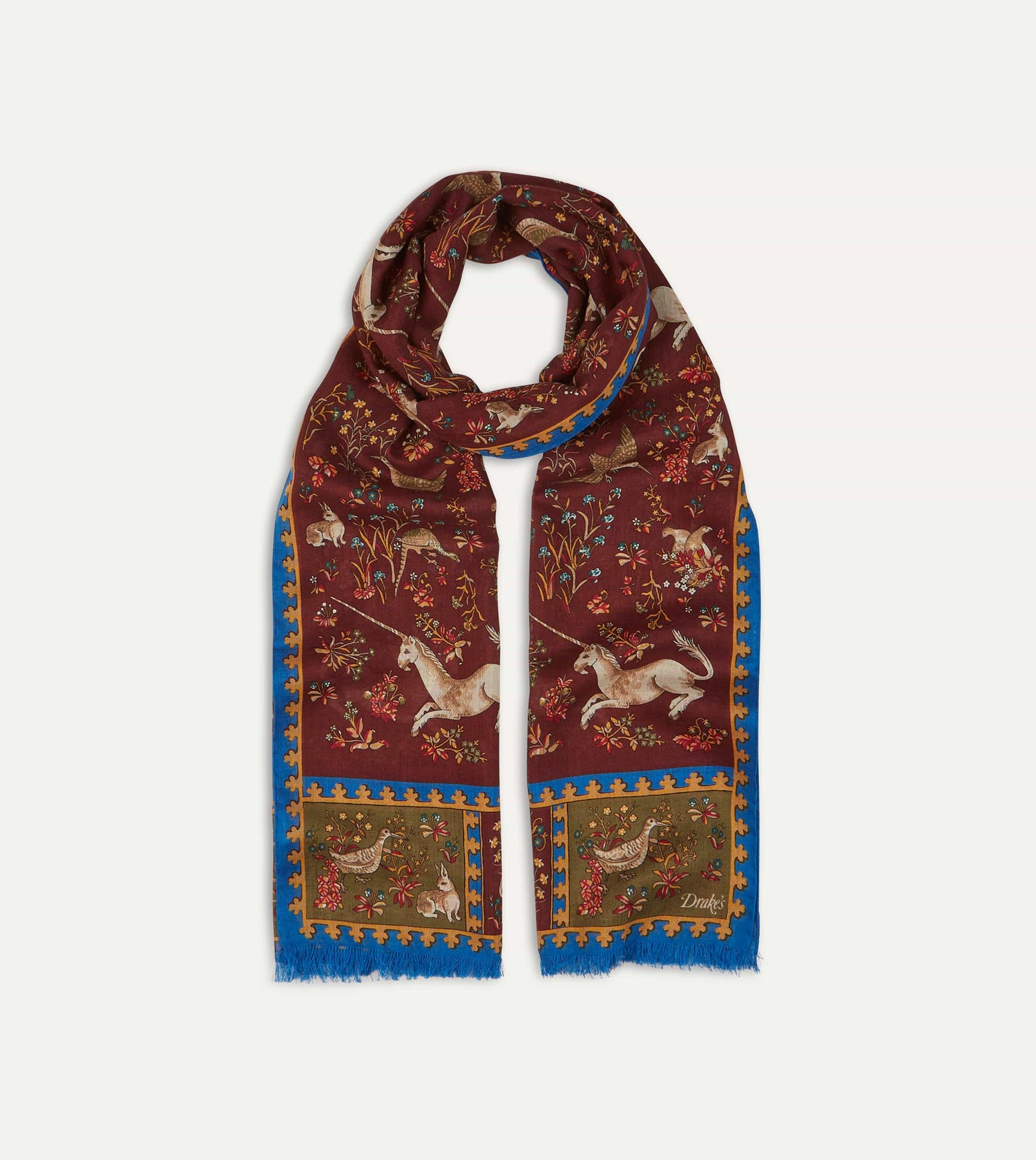 Burgundy Unicorn Print Wool-Silk Scarf