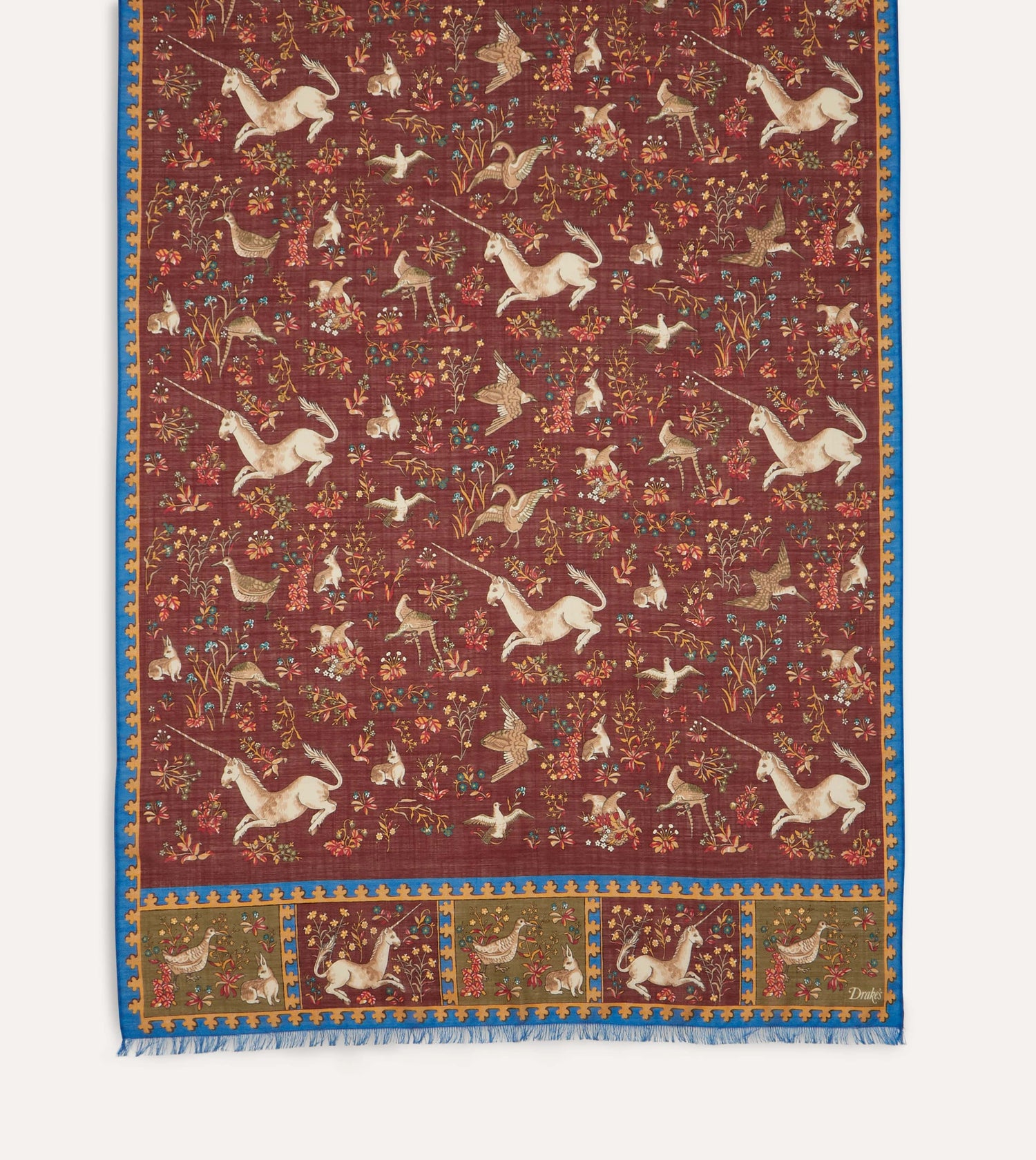 Burgundy Unicorn Print Wool-Silk Scarf