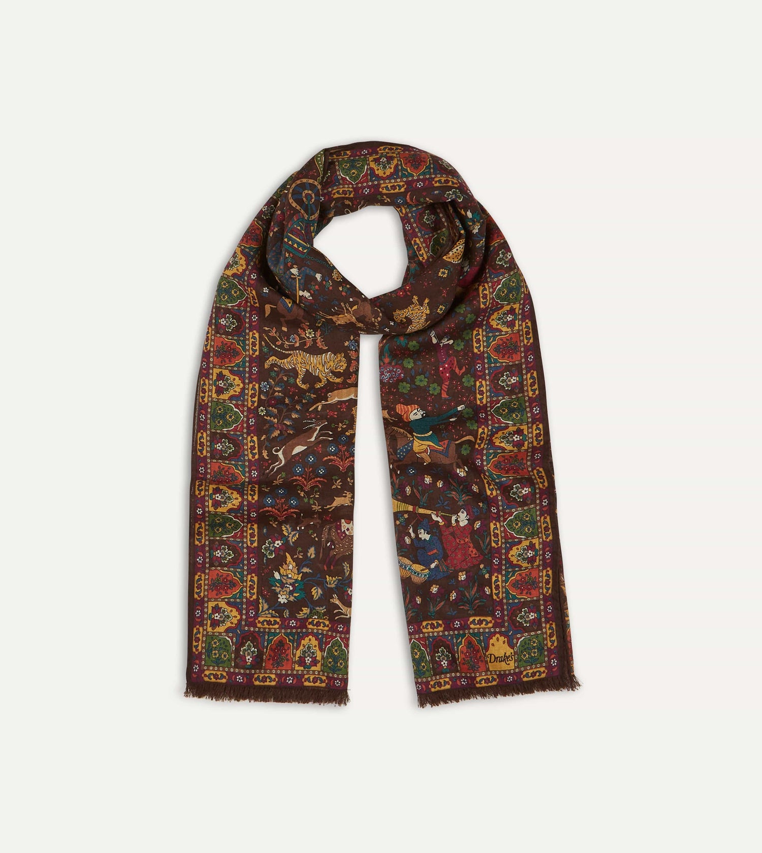 Brown Mughal Hunter Print Wool-Silk Scarf