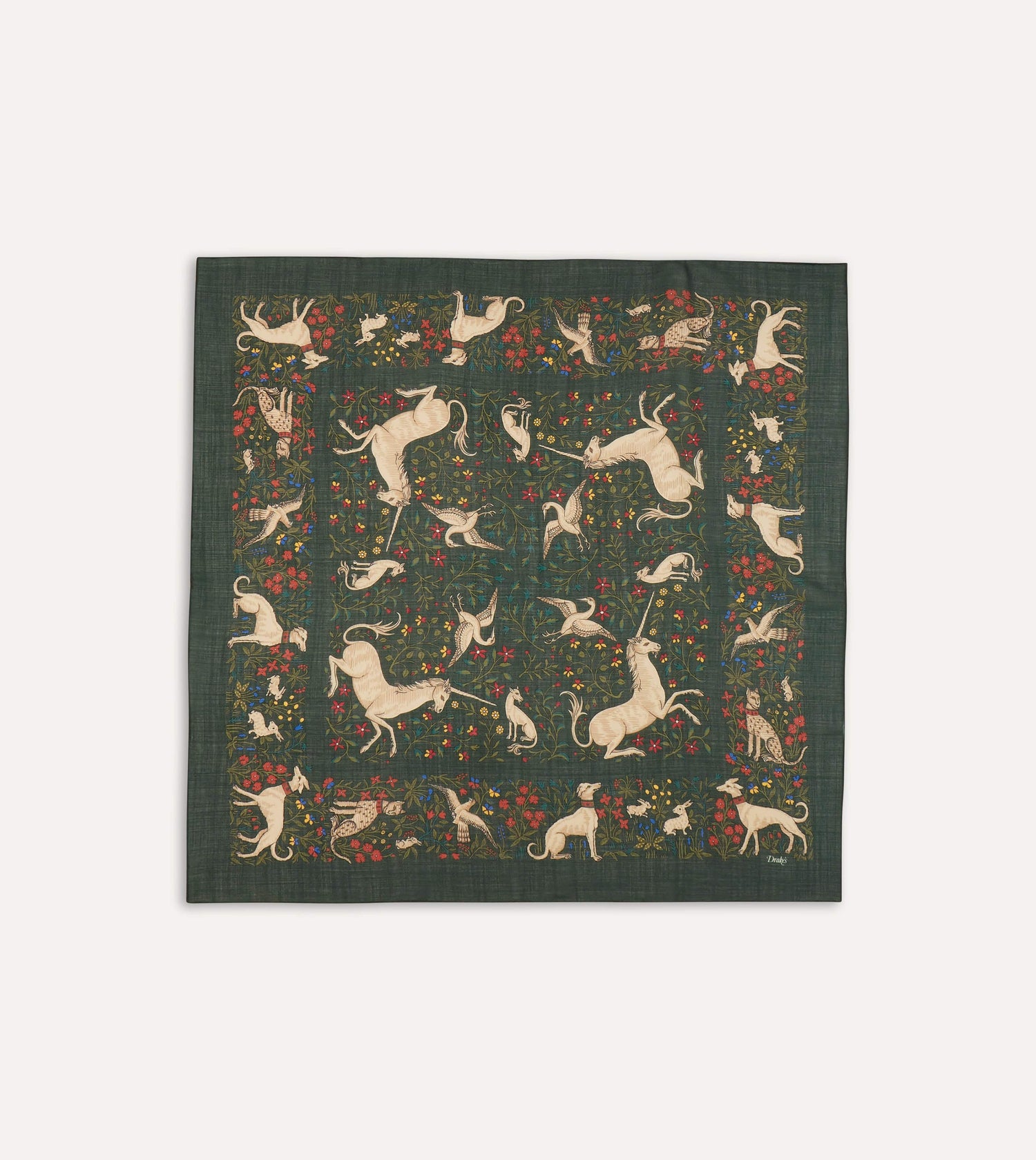 Green Unicorn Print Wool-Silk Square Scarf