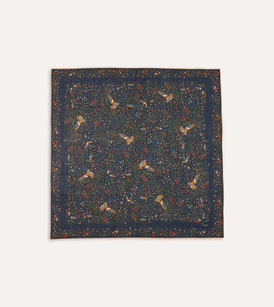 Navy Birds of Paradise Print Wool-Silk Square Scarf – Drakes
