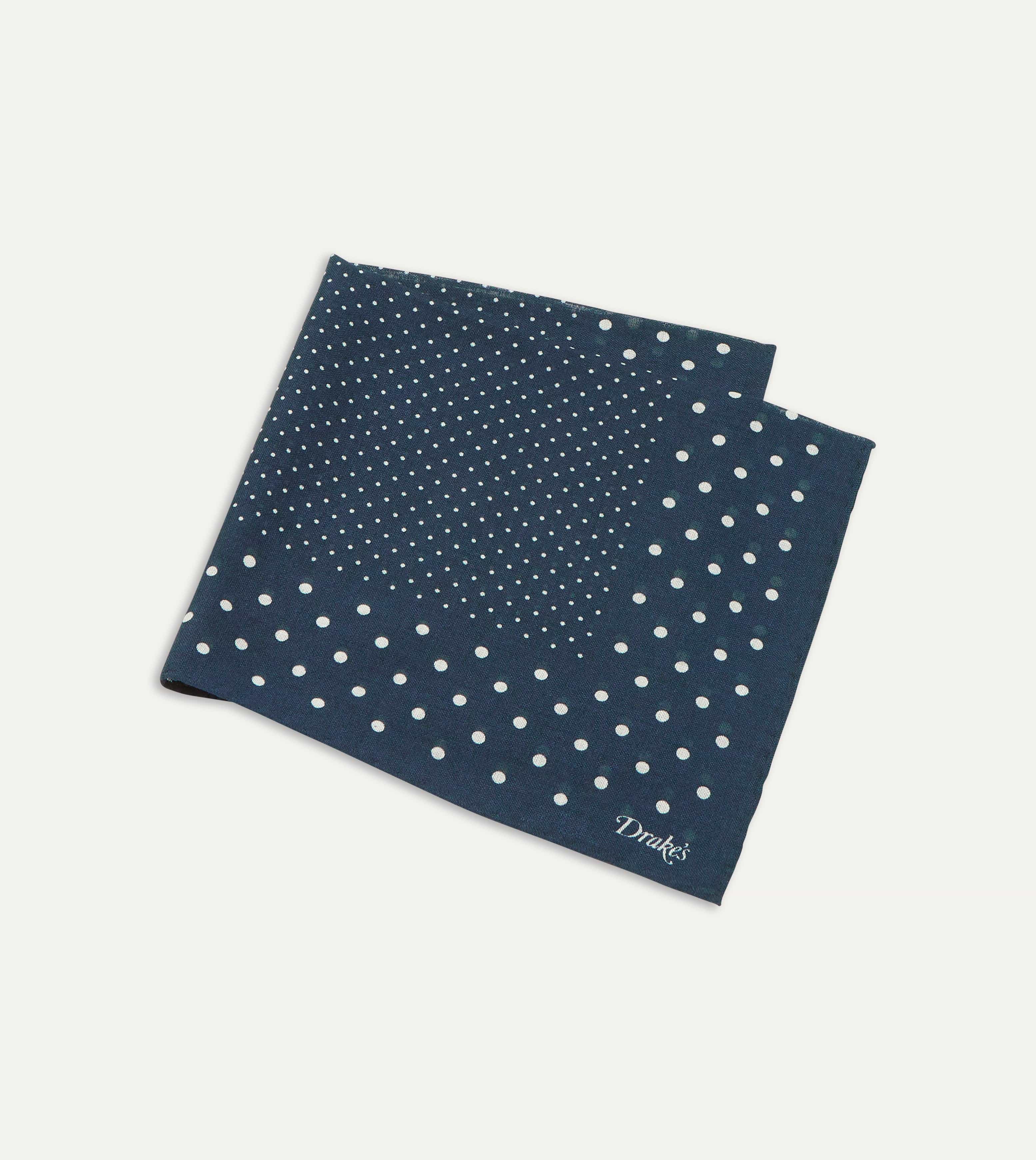 Navy Spots Print Wool-Silk Pocket Square