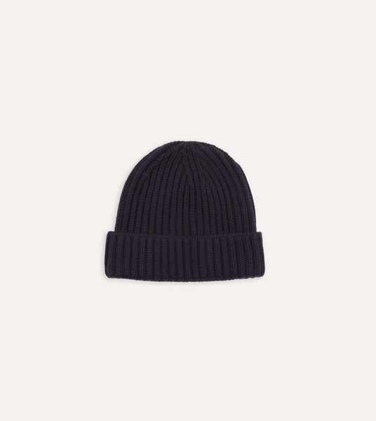 Navy Cashmere Ribbed Knit Beanie – Drakes display picture 1