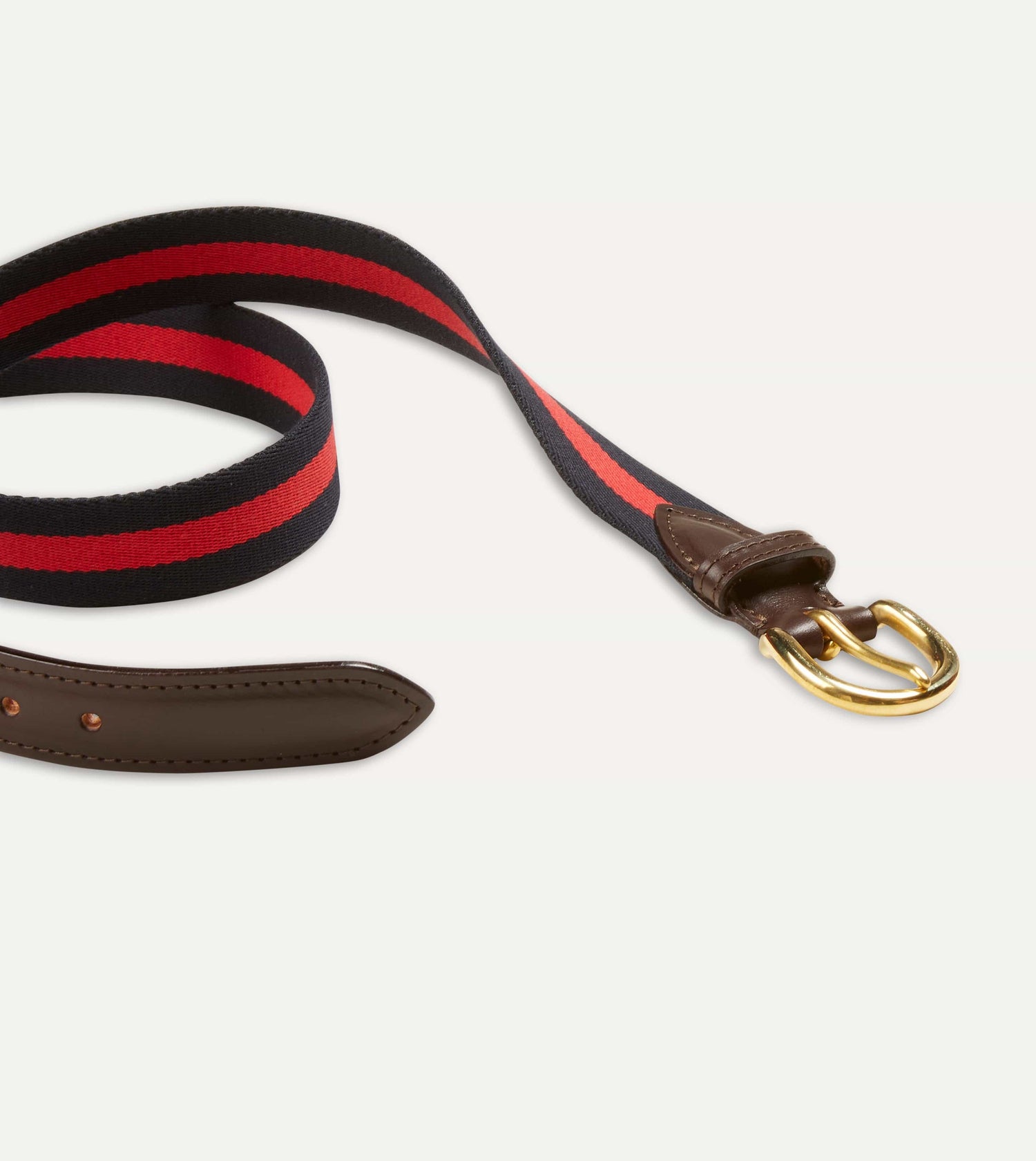 Navy and Red Stripe Webbing and Leather Belt with Brass Buckle
