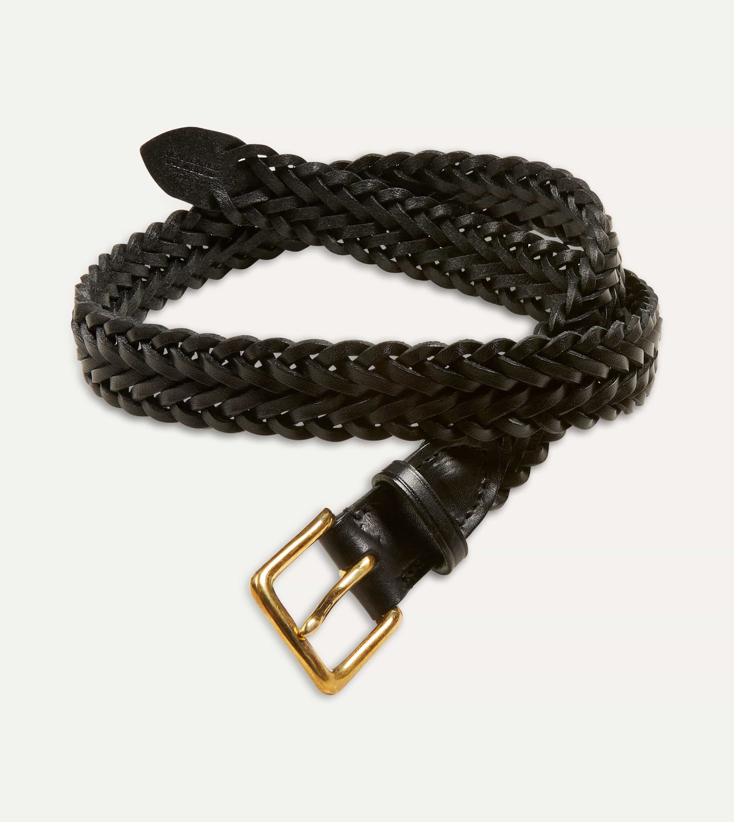 Black Plaited Bridle Leather Belt with Brass Buckle