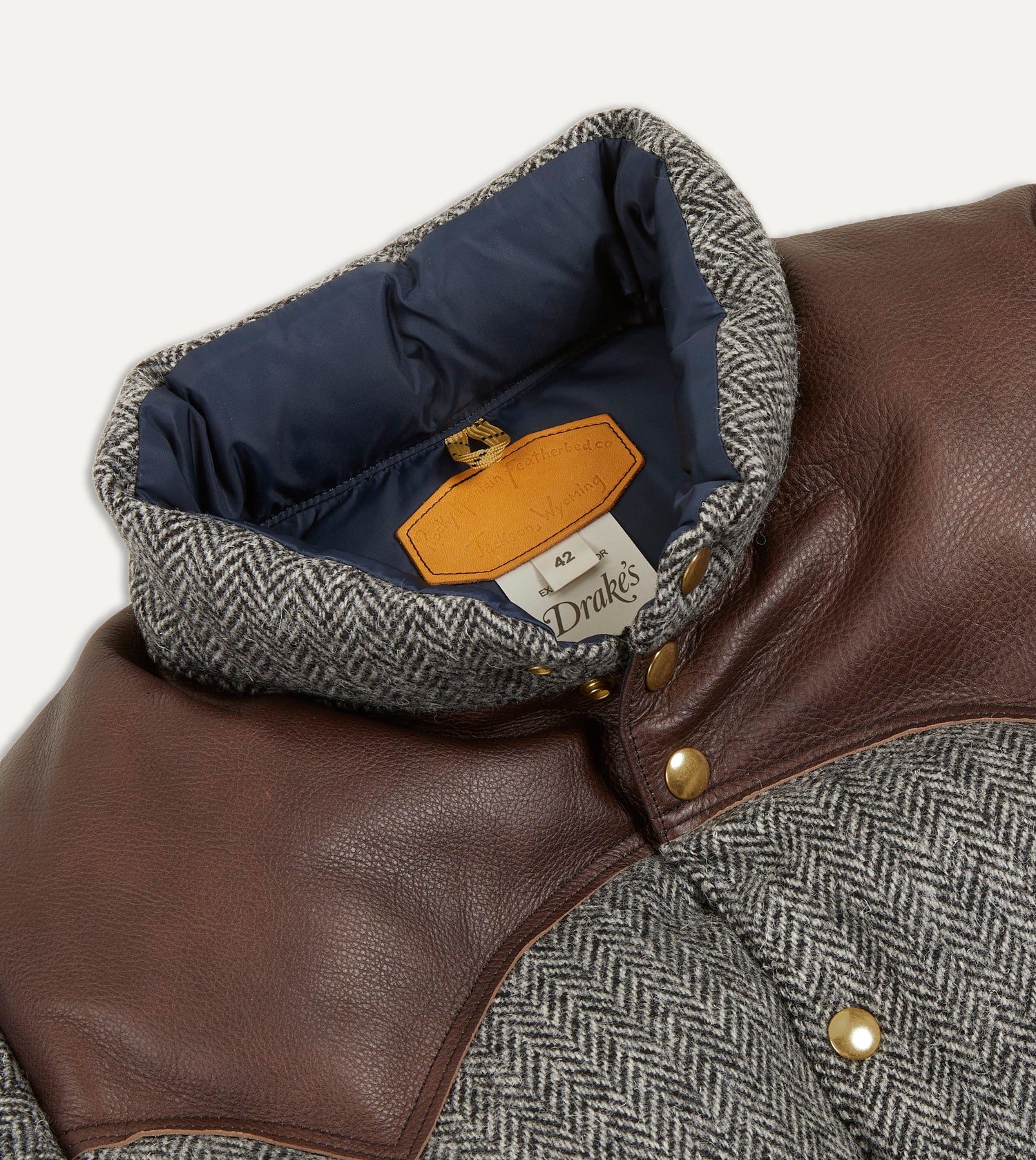 Rocky Mountain Featherbed for Drake's Herringbone Harris Tweed Leather Christy Down Jacket
