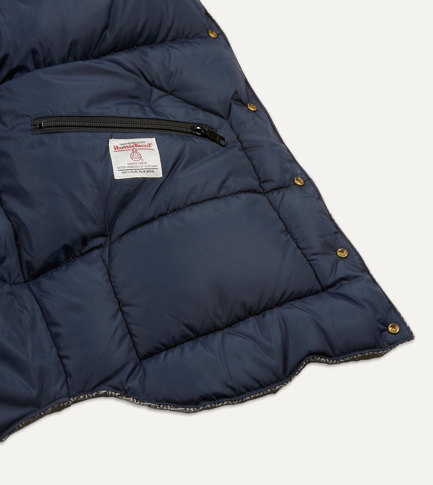 Rocky Mountain Featherbed for Drake's Herringbone Harris Tweed Leather Christy Down Jacket
