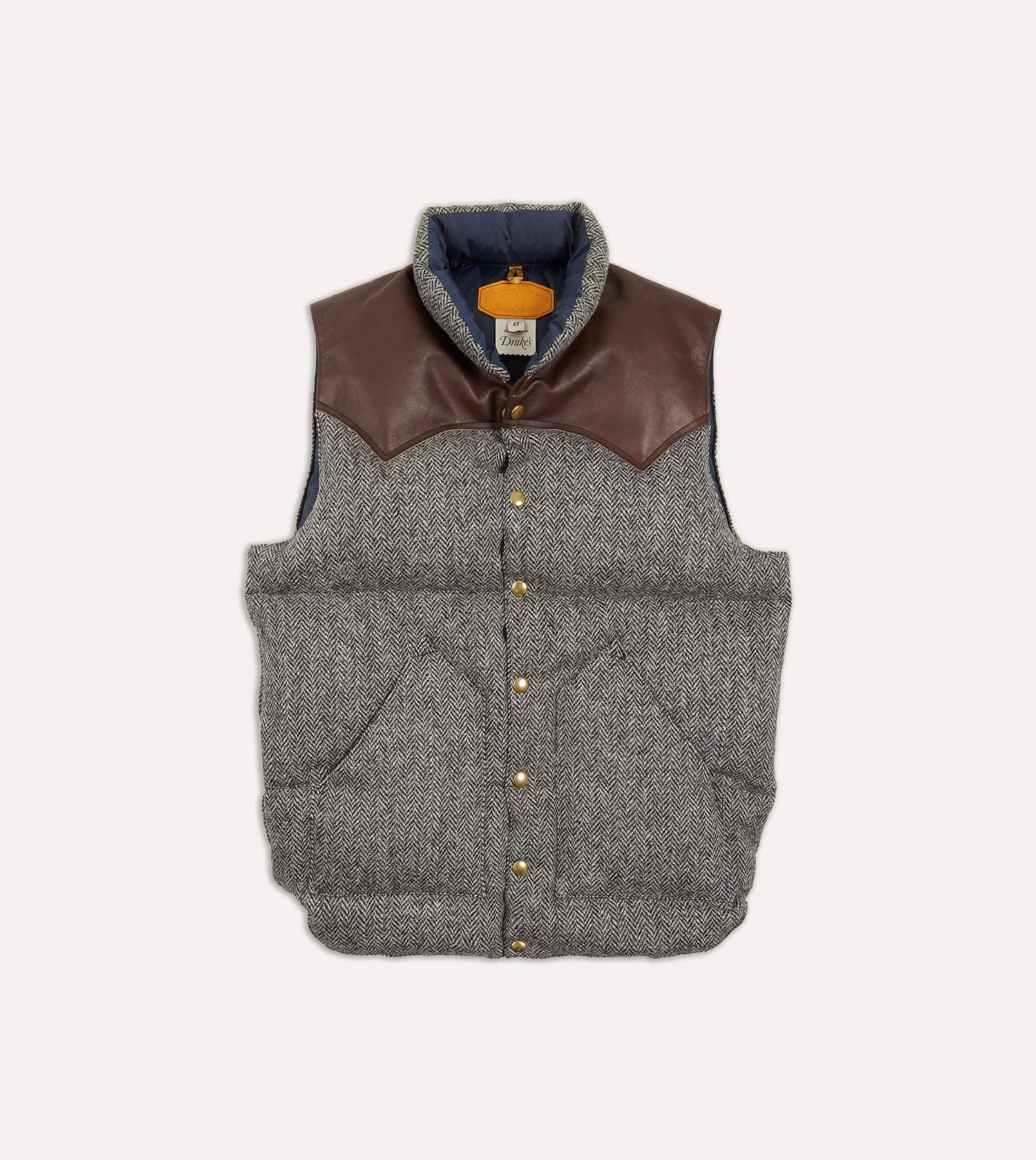 Rocky Mountain Featherbed for Drake's Herringbone Harris Tweed Leather Christy Down Vest