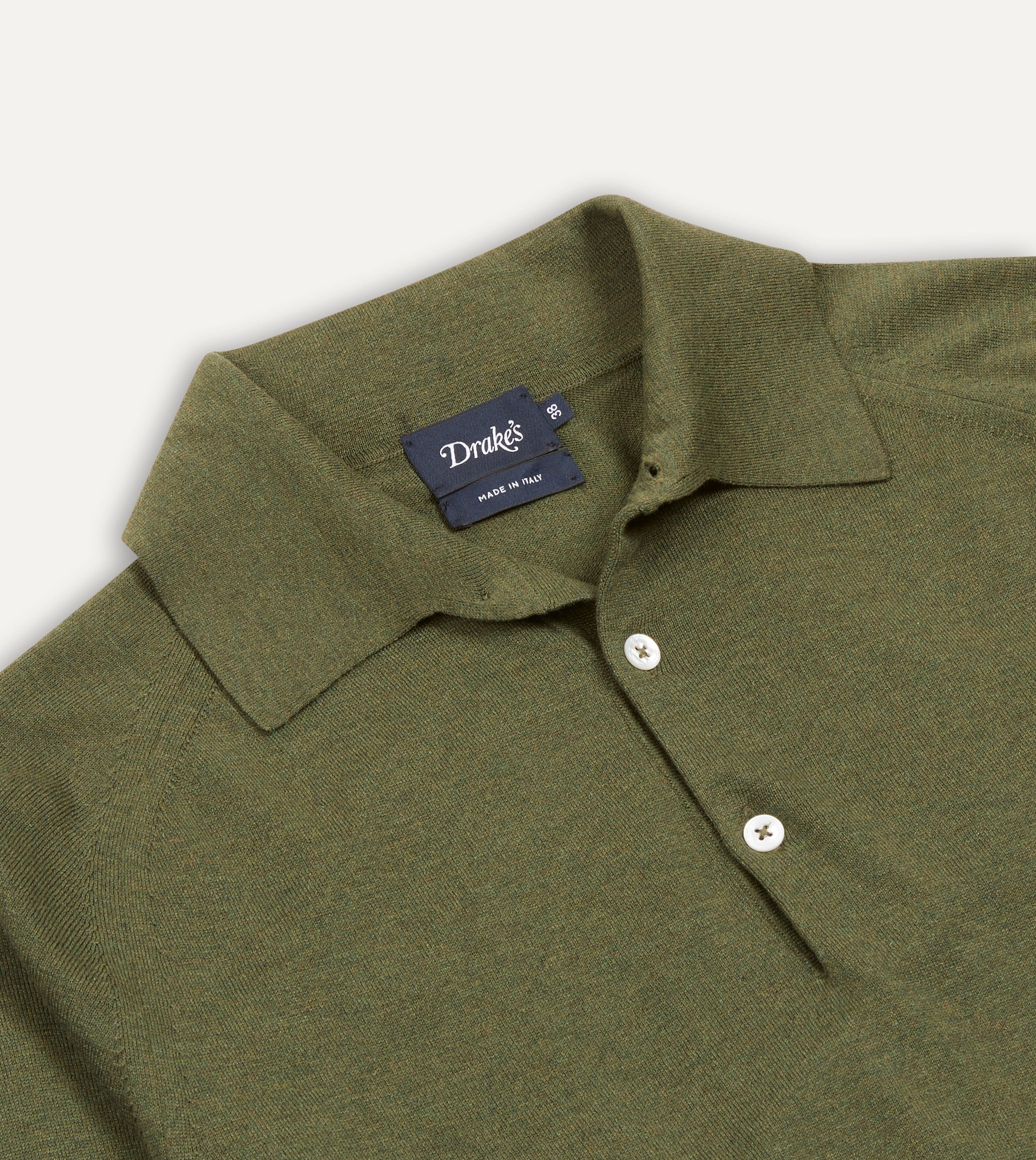 Green Knitted Silk-Cotton Long-Sleeve Polo Shirt – Drakes