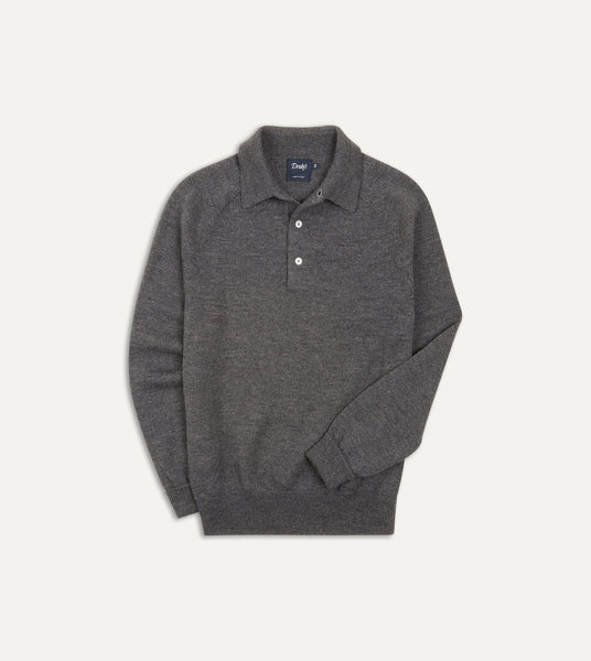 Grey Merino Wool Knitted Polo – Drakes